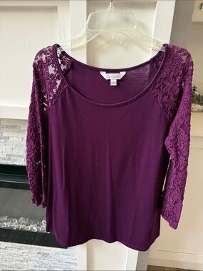Charming Charlie Plum Lace Sleeve Scoop Neck Top